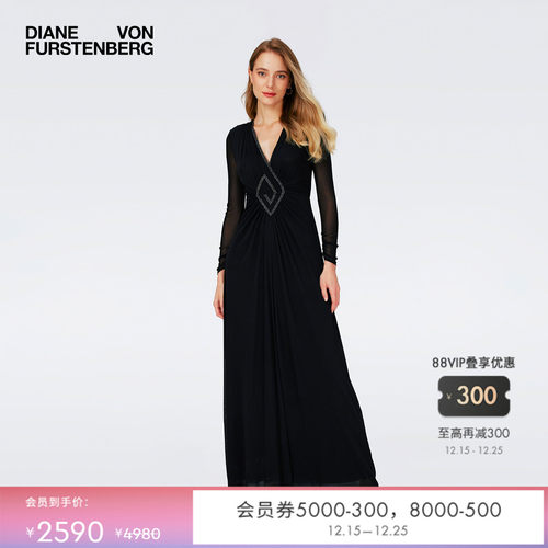 DVF黑色弹力网纱宴会连衣裙