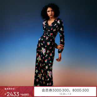 DVF茶歇裙植物印花长袖 长裙礼服裙连衣裙DL4R015