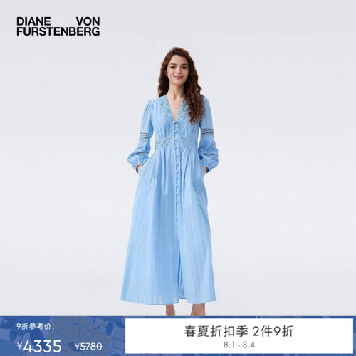 [七夕礼物]DVF2026春夏天空蓝蕾丝茶歇裙海岛度假风连衣裙DL1U003