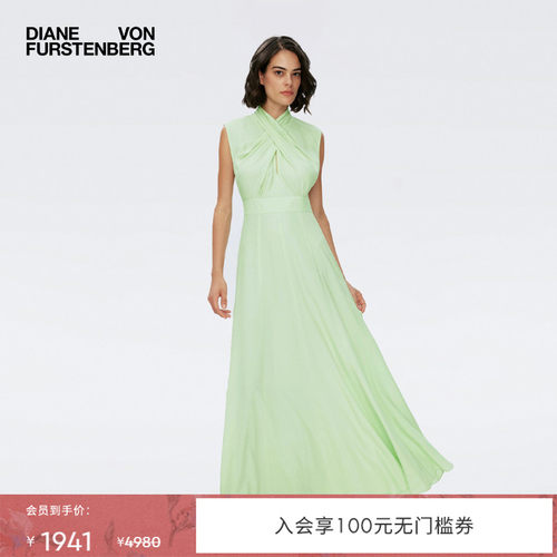 DVF交叉领薄荷绿长裙连衣裙