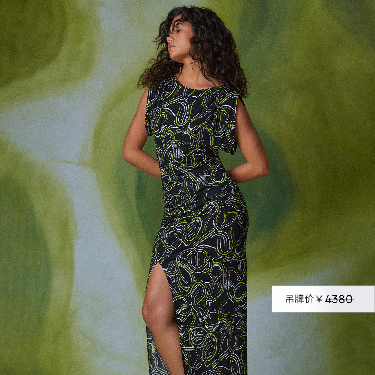 DVF黑黄曜石缎带蛇纹图案连衣裙