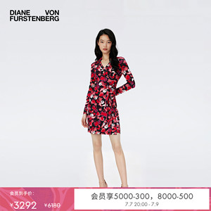 [100%真丝]DVF度假红裙长袖短款桑蚕丝裹身连衣裙DW4R016