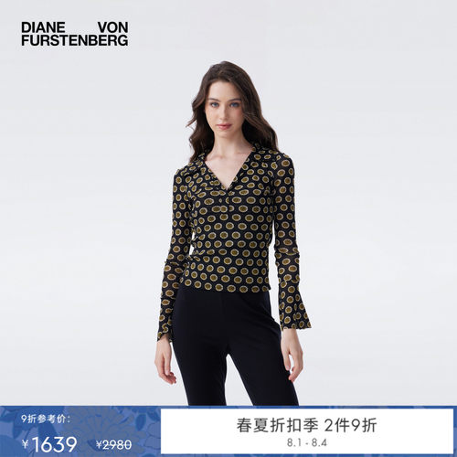 [弹力网纱]DVF2026春夏新款金色罗盘玫瑰POLO领长袖上衣BL4T014