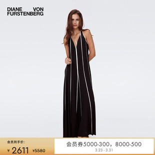 DVFV领黑白条纹拼接V领挂脖设计休闲度假风连体裤 PJ2S006