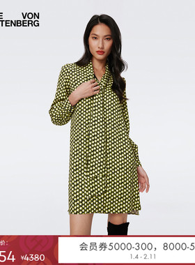 DVF2025新款黄色链图案飘带领衬衫裙DL3S018