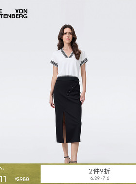 DVF 经典纯色曜石黑单排扣开叉通勤高腰修身半裙KM2T001