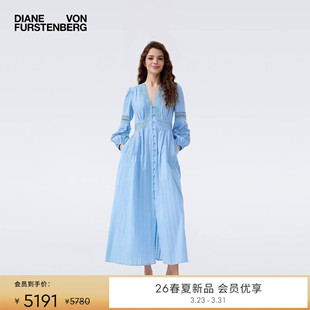 DVF2026春夏新款 茶歇裙天空蓝蕾丝拼接多比棉连衣裙DL1U003
