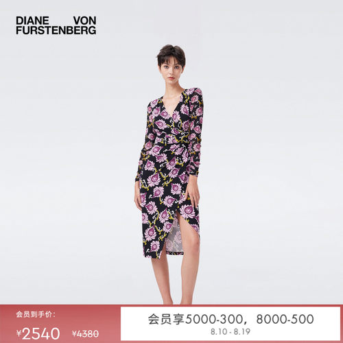 [哑光针织]DVF2026春夏新款V领黑紫色绽放花朵轻薄连衣裙DL4T020