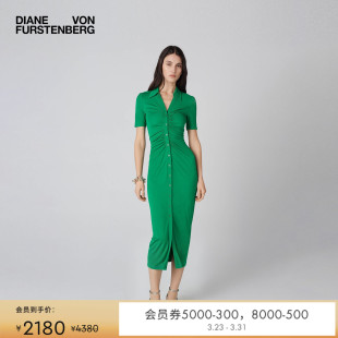 DVF度假纯色春意绿色V领修身 连衣裙DS1T034