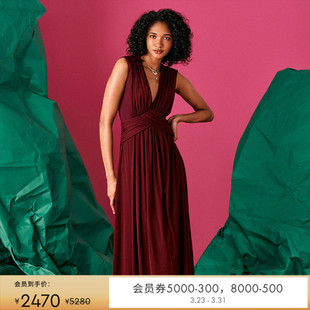 DVF度假安可拉红V领弹力网纱礼服长裙连衣裙DS4R009