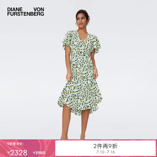 DVF荷叶袖茶歇裙印花连衣裙