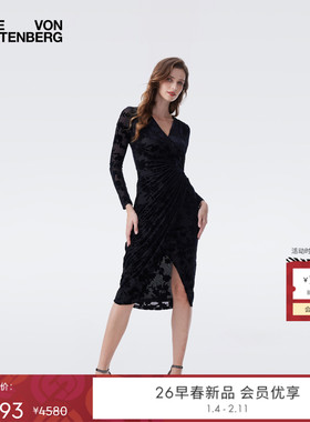 [重工烧花丝绒]DVF2026早春新款黑色藤蔓丝绒修身连衣裙DL4T021