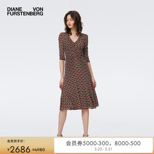 短袖 V领茶歇裙双面印花修身 DVF 连衣裙DL3S003 双面穿