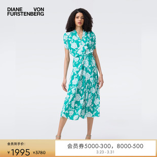 DVF青绿星图繁花印花高腰A字裙摆开叉设计裹身式 连衣裙DW2T011