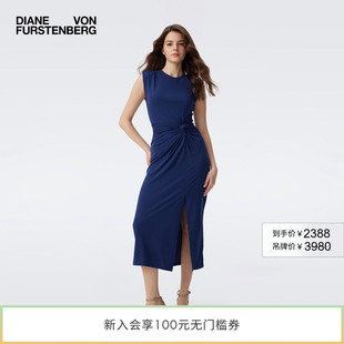 [博主同款]DVF海军蓝纯色修身扭结开叉连衣裙DS1T010