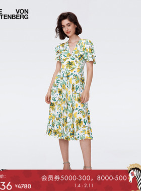 DVF荷叶袖茶歇裙植物印花复古绉纱连衣裙DS2S040