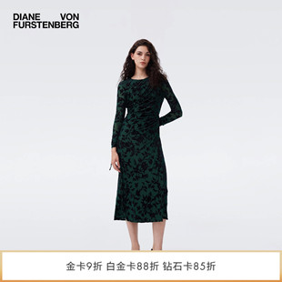 DVF2026春夏新款 黑绿藤蔓丝绒修身 连衣裙DL4T027 重工烧花丝绒
