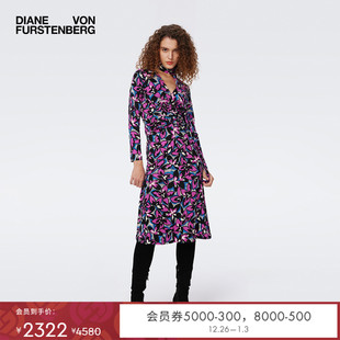 DVF V领天丝羊毛紫色植物印花连衣裙DL3S025