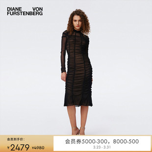 DVF立领结构线MIDI裙长小黑裙DL4S024 弹力网纱