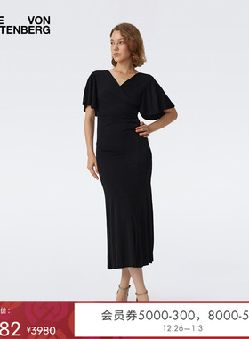 [小黑裙]DVF2025新款曜石黑荷叶袖裹身裙DW1T018