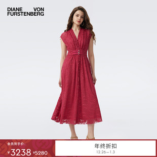 DVF2025秋季 莓果红V领蕾丝连衣裙DS2T01 新款