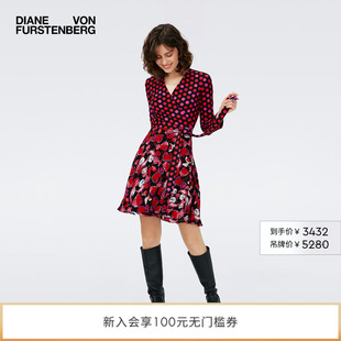 DVF红裙度假V领A字裙波点植物印花拼接裹身连衣裙DW4R012