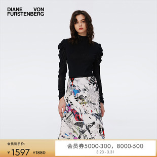 黑色弹力网纱长袖 半高领泡泡袖 DVF 打底上衣MR46E00 弹力网纱