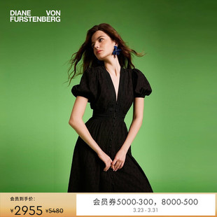 连衣裙DS1T039 DVFV领茶歇裙曜石黑镂空刺绣棉短袖 小黑裙