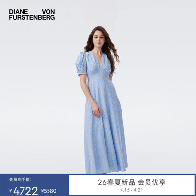 DVF2026春夏新款天空蓝V领泡泡袖英式蕾丝刺绣棉连衣裙DS1U017