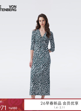 [哑光针织]DVF2026早春新款浮动格纹V领腰部抽褶连衣裙DL4T023