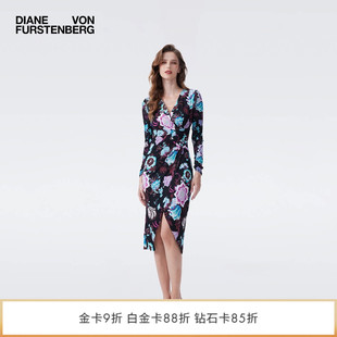 DVF2026春夏新款 V领柳枝花卉修身 侧开叉连衣裙DL4T020 哑光针织