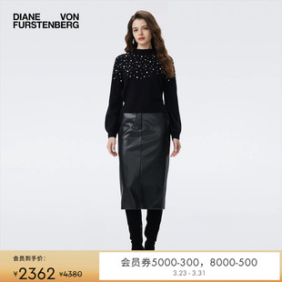 DVF曜石黑纯色圆领羊毛套头长袖 WL3T010 针织衫