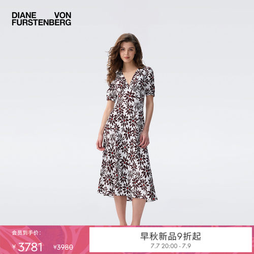 DVF2026早秋新款茶歇裙咖白星尘花粘纤绉纱泡泡袖连衣裙DS2U031
