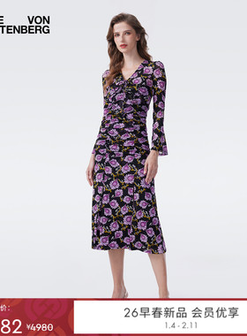 [弹力网纱]DVF2026早春度假系列花朵喇叭袖修身连衣裙DL4T005