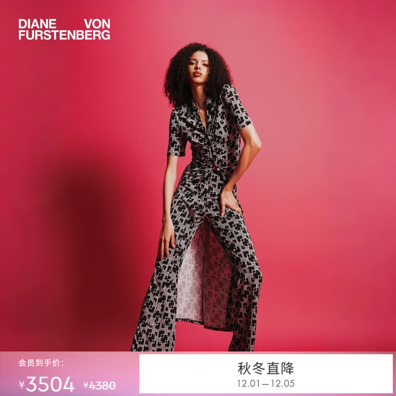 DVF黑灰摩登几何短袖衬衫连衣裙