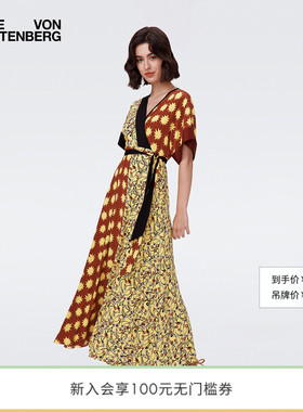 DVF度裹身裙度假碎花裙黄色艺术印花长裙连衣裙DW2S008