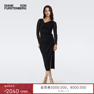 DVF宴会曜石黑中长仿裹身连衣裙MR80E00 小黑裙