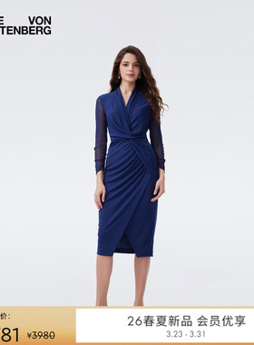 DVF2026春夏新款海军蓝亚光针织拼弹力网纱修身连衣裙DL1U008