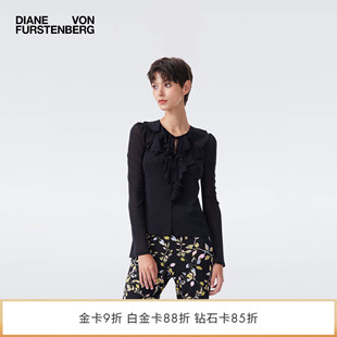 经典 弹力网纱 DVF2026春夏新款 上衣BL4T004 黑色圆领荷叶边长袖