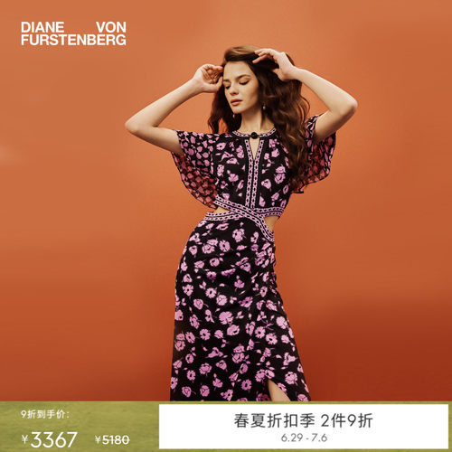 DVF2026春夏新款度假风波点玫瑰荷叶袖修身腰部挖剪连衣裙DS1U021