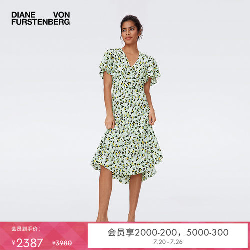 DVF荷叶袖茶歇裙印花连衣裙
