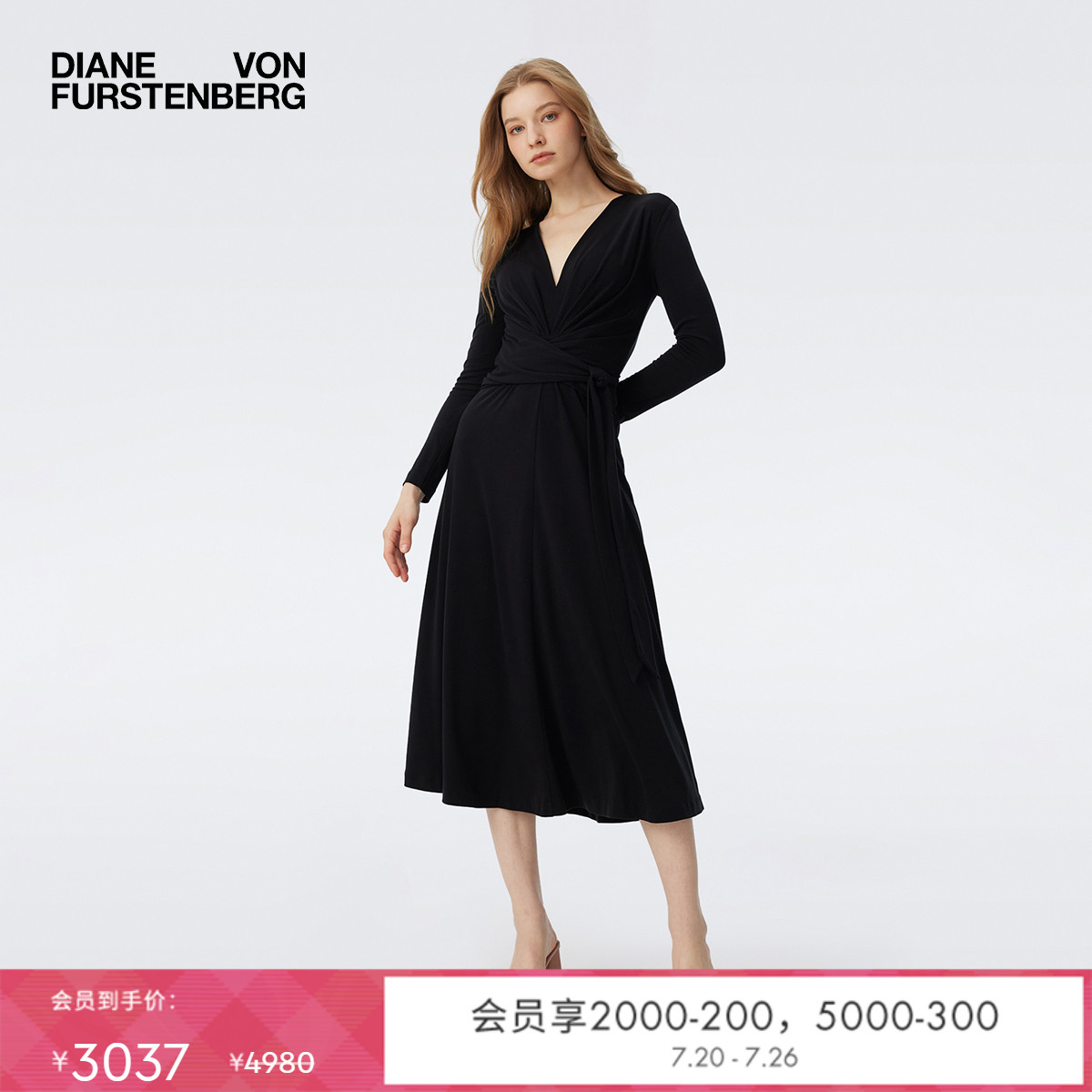 [小黑裙]DVF修身曜石黑天丝羊毛裹身长袖连衣裙MR81E00