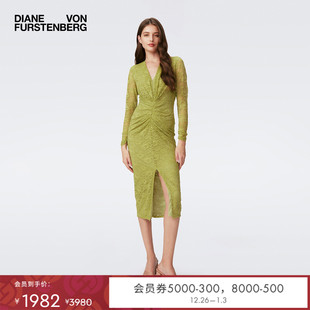 DVF2025新款 牛油果绿纯色V领前开衩蕾丝连衣裙DL3S011