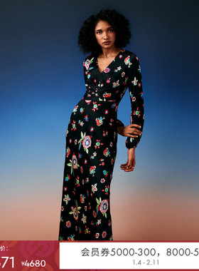 DVF茶歇裙植物印花长袖长裙礼服裙连衣裙DL4R015