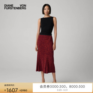 中长半身裙KM4T003 DVF复古风红色豹纹印花针织修身 哑光针织