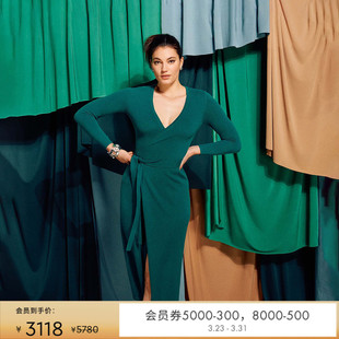 DVF森林绿V领高腰长袖 羊绒 纯色羊毛混纺针织连衣裙MR43E00 羊毛