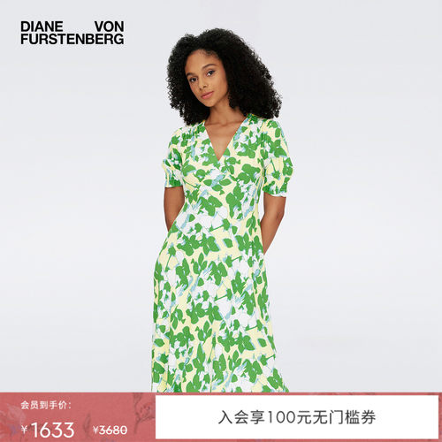 DVF春意绿大地花卉V字领连衣裙