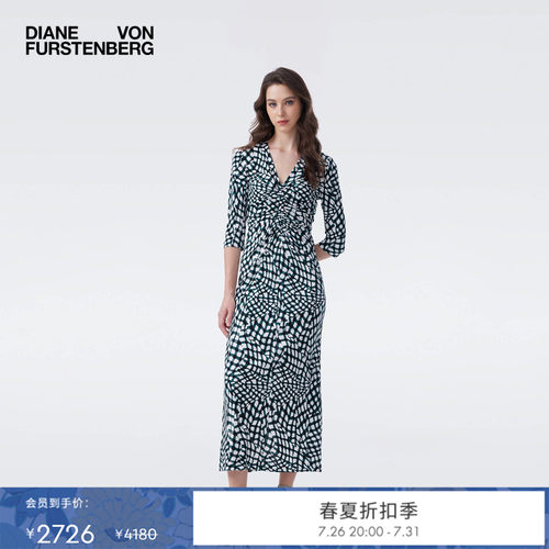 DVF2026春夏新款V领浮动格纹轻薄长袖连衣裙DL4T023