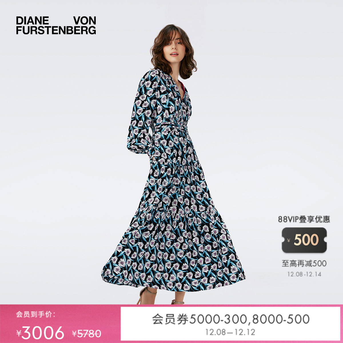 DVF蓝白命运之花V领A字裙连衣裙