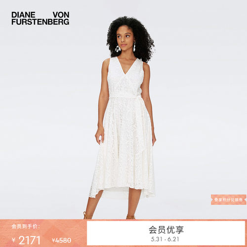 DVF珍珠白V领无袖连衣裙